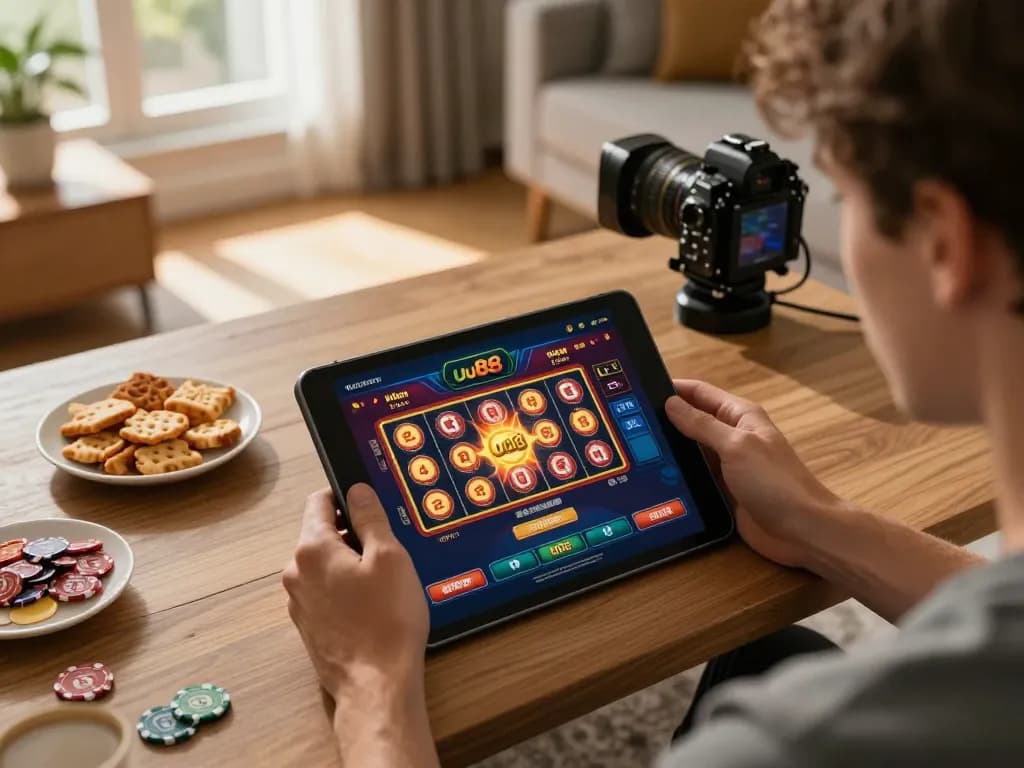 Enjoying a game on the uu88 casino app in a cozy home setting, showcasing responsible gaming attitudes.