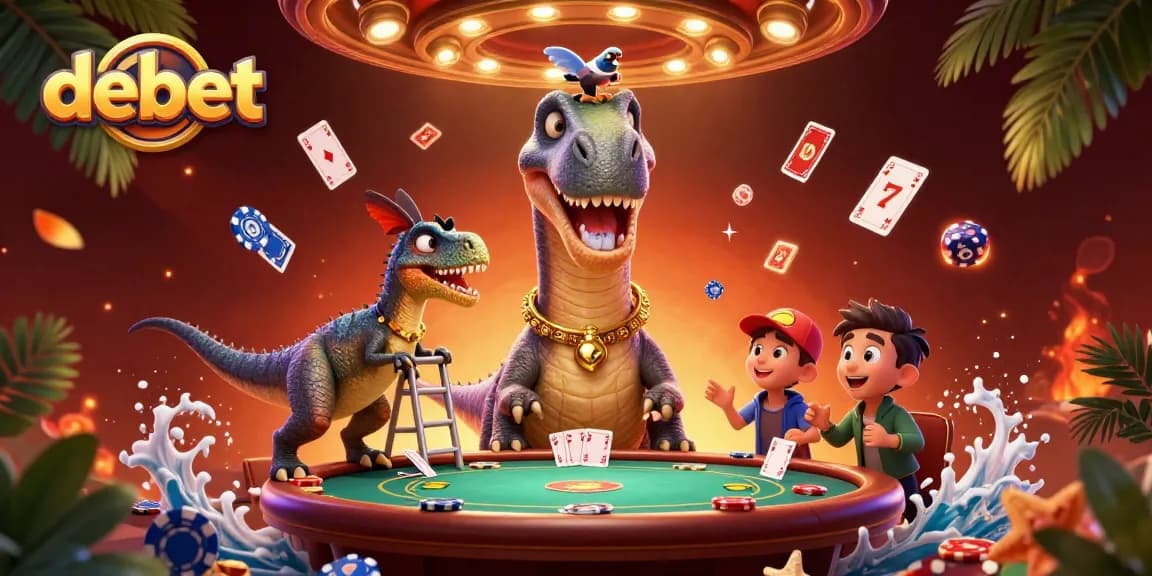 Experience an exhilarating poker scene with debet-themed characters interacting dynamically in a vibrant casino atmosphere.