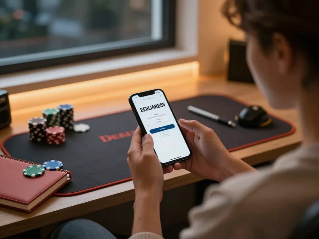 Engaging scene of a player accessing BERLIAN889 Login on smartphone, capturing the essence of online gambling excitement.