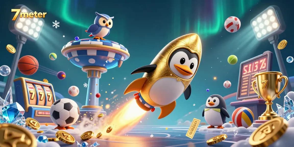 A 3D cartoon penguin racing towards a giant poker chip casino, showcasing 7meter's vibrant gaming experience.