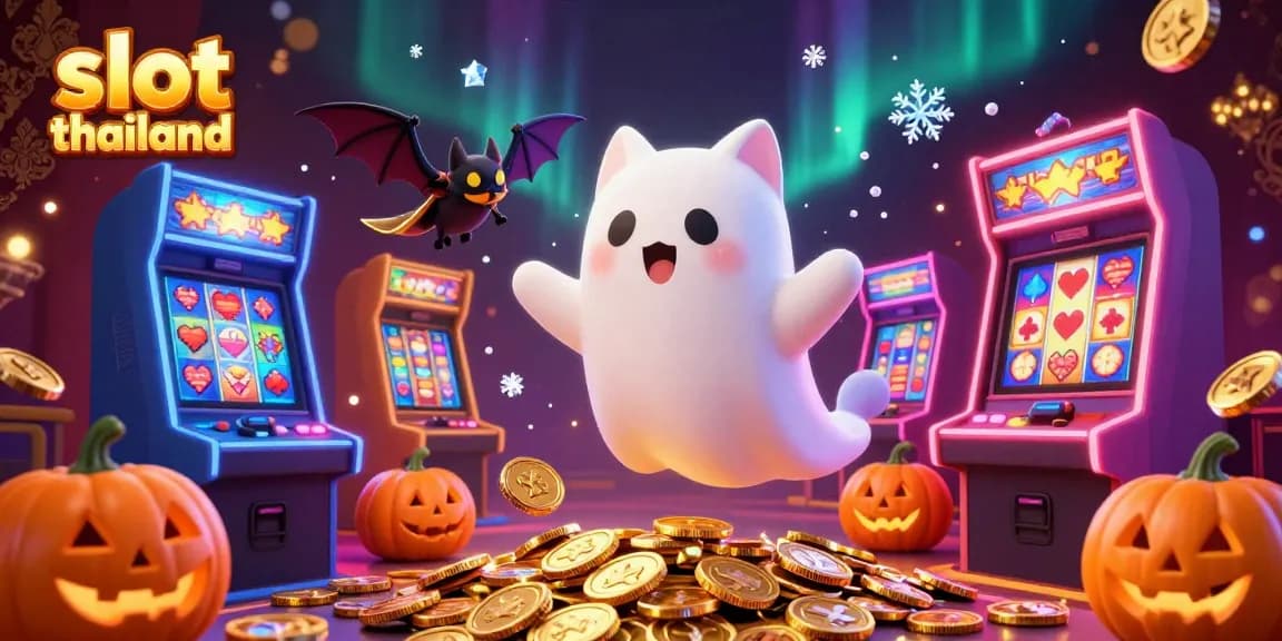 Experience thrilling gameplay at slot thailand with a vibrant ghost cat and glowing slot machines.