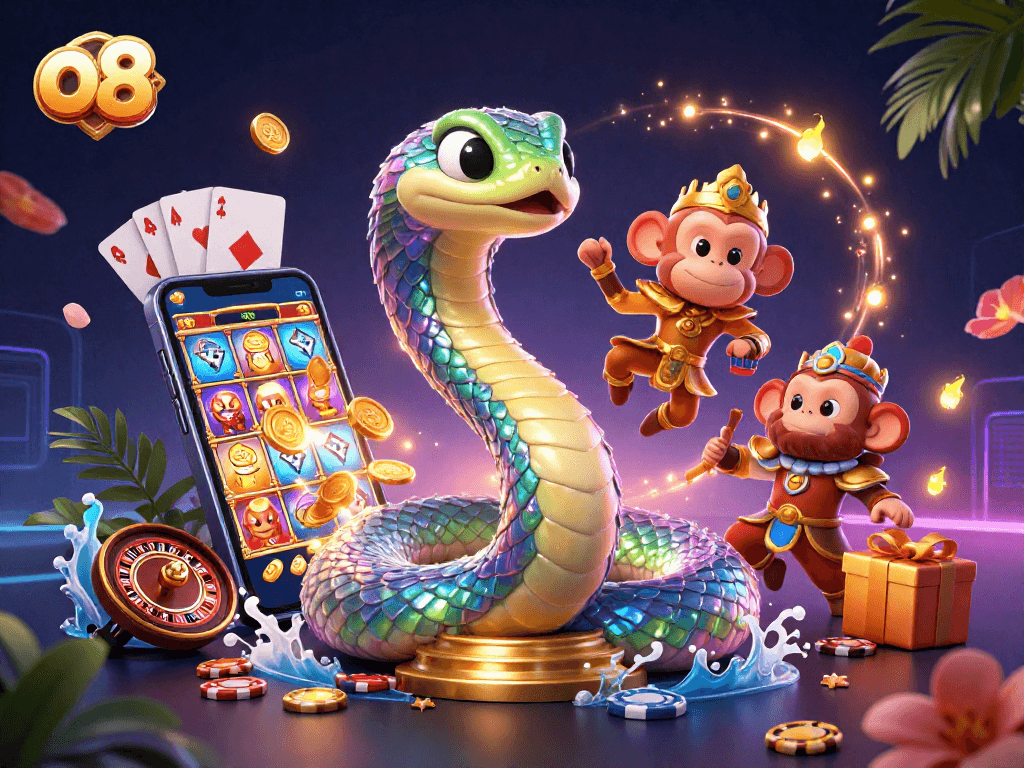 Experience the excitement of o8 casino with vibrant 3D illustration of a snake, monkey king, and gaming elements.