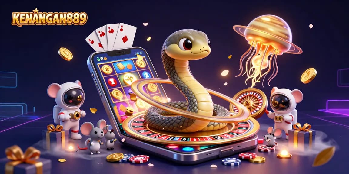 Experience KENANGAN889 with a dynamic cosmic casino scene featuring betting astronaut mice and a golden jellyfish dealer.