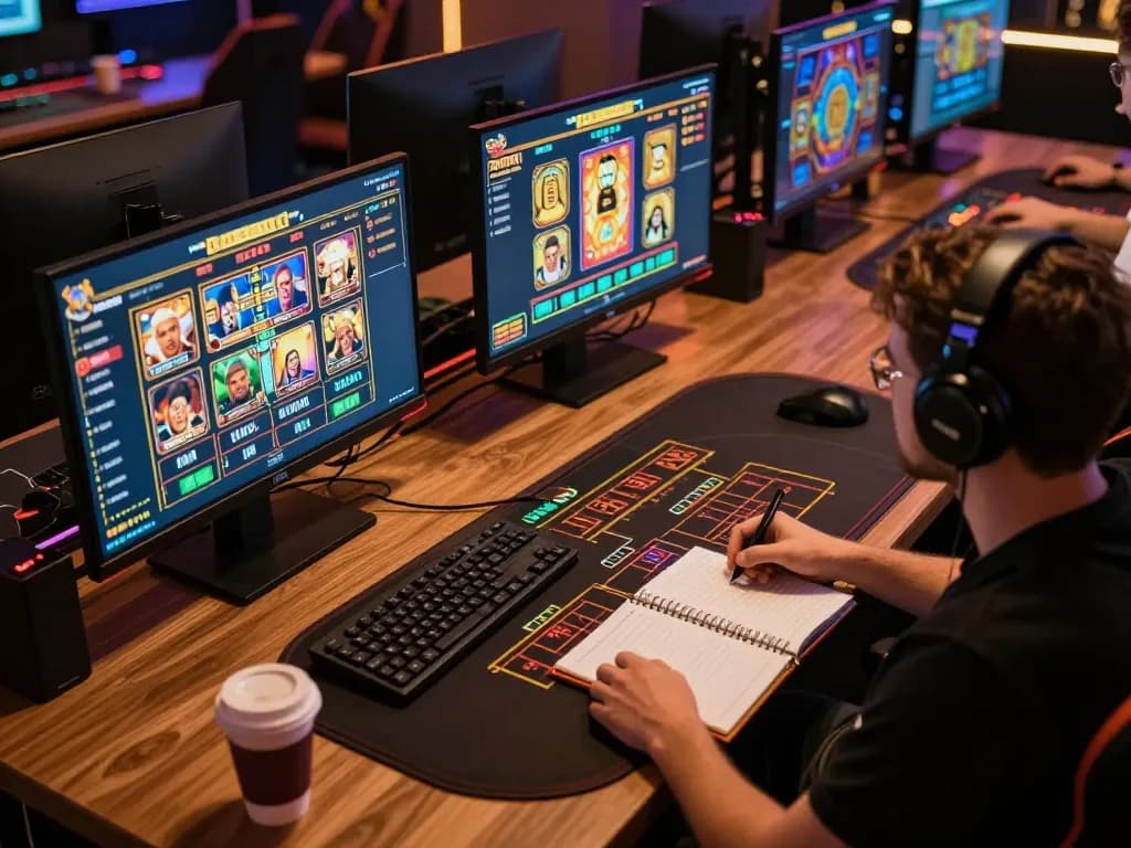 Engaging online gaming setup showing a player immersed in slot games and strategy planning for Slot Terpercaya.