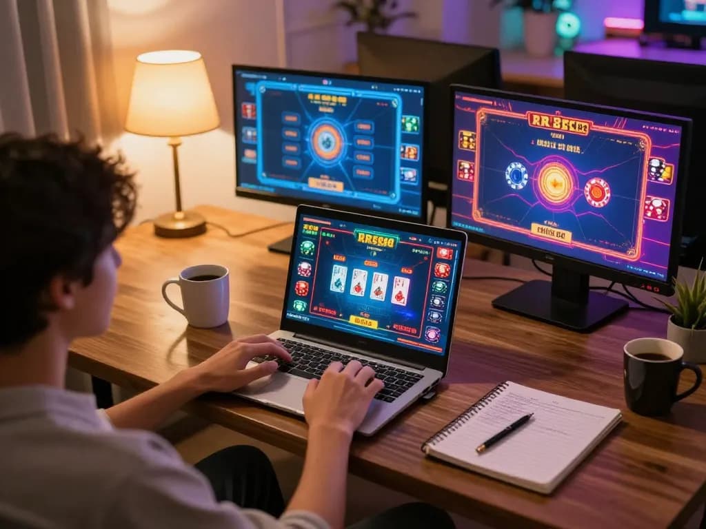 Engaging gameplay on RR88 casino platform with vibrant laptop interface and strategic notes