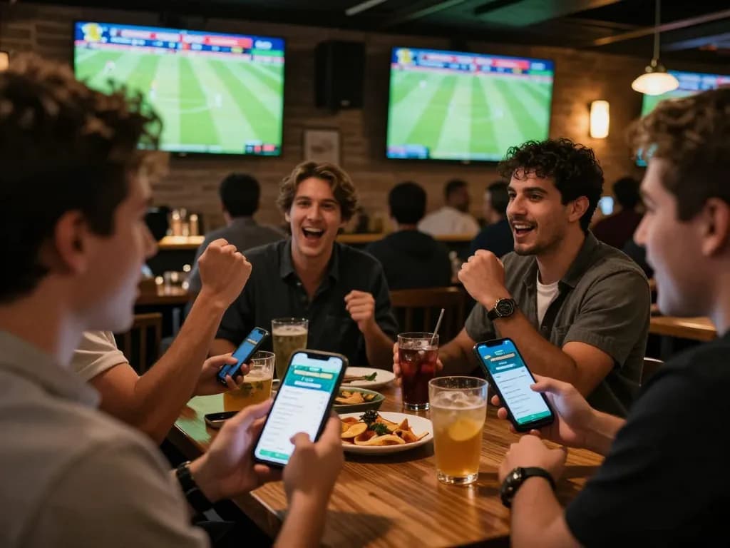 A vibrant sports betting scene featuring engaged patrons using the tylekeonhacai88 app during a football match.