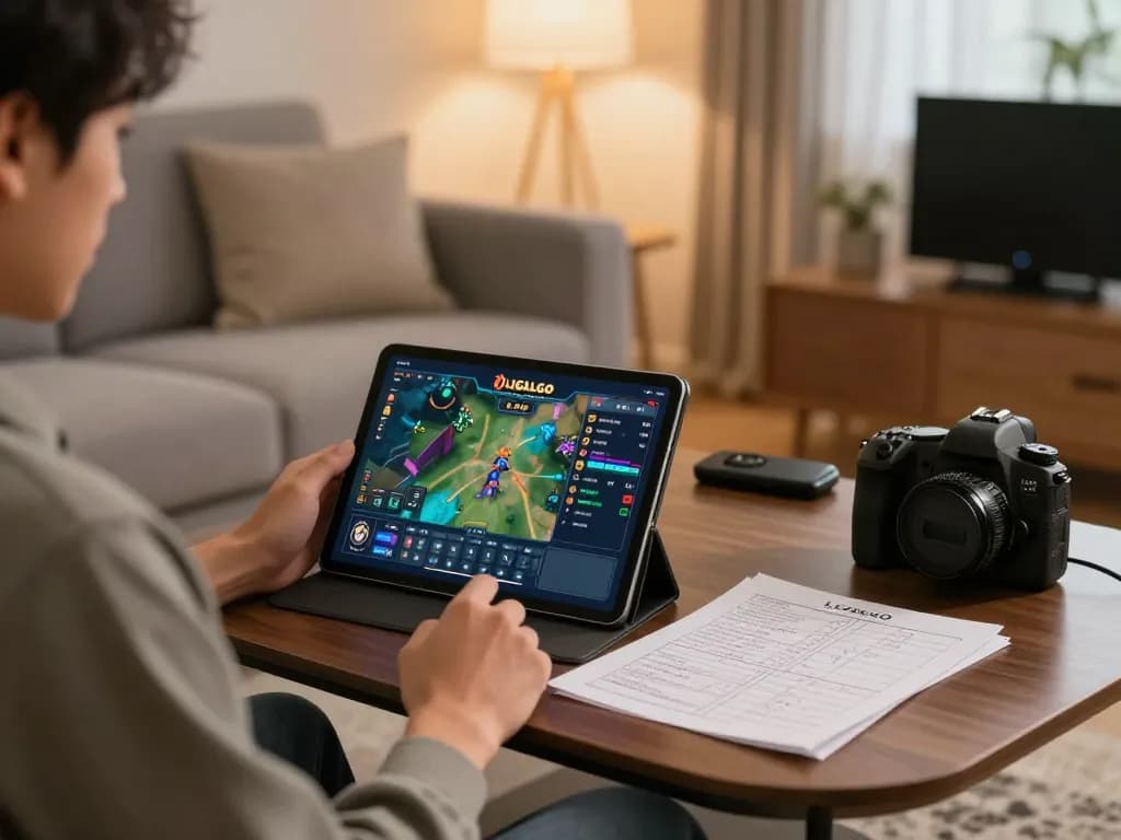 LIGALGO Slot gameplay on a tablet in a cozy home setting with strategic notes.