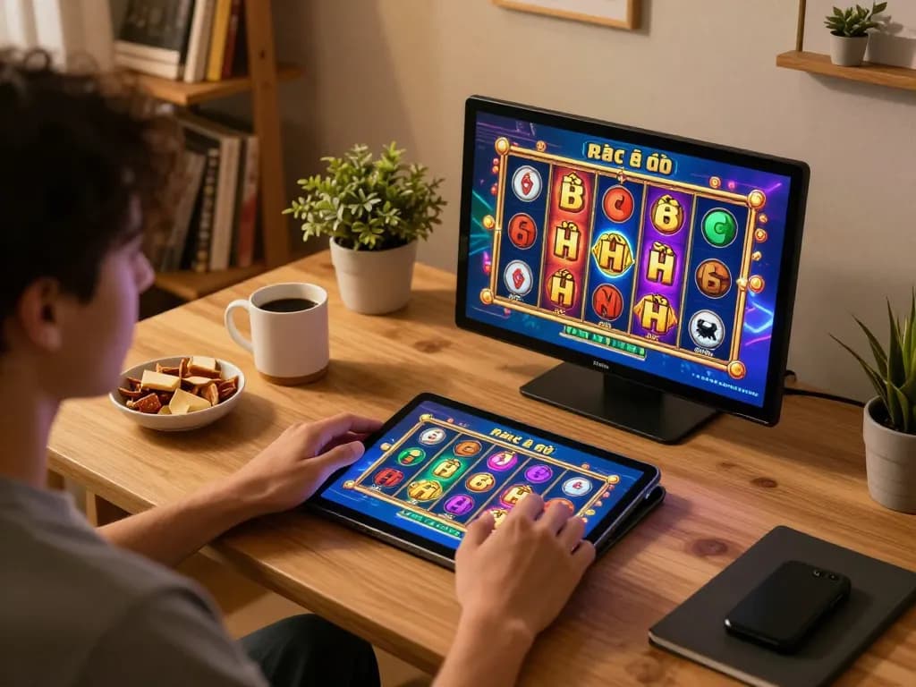 Engaging in a game bài nổ hũ on a tablet while enjoying a cozy home atmosphere