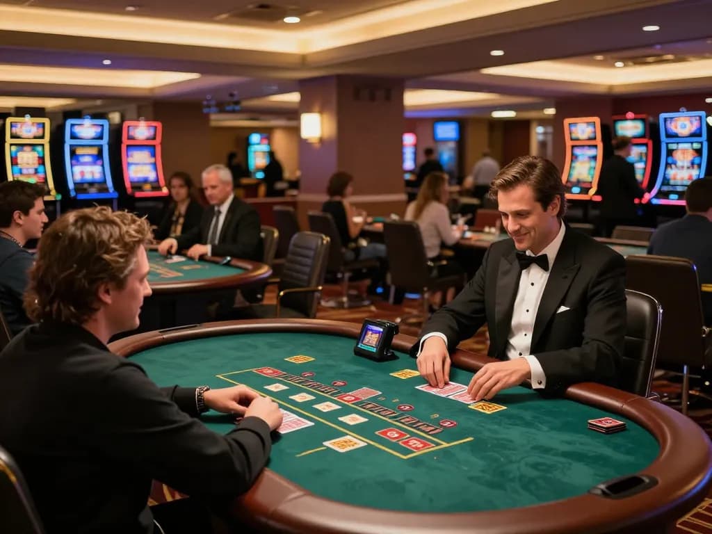 Players enjoying strategic gameplay at MPO08 Link blackjack tables, showcasing an engaging casino atmosphere.