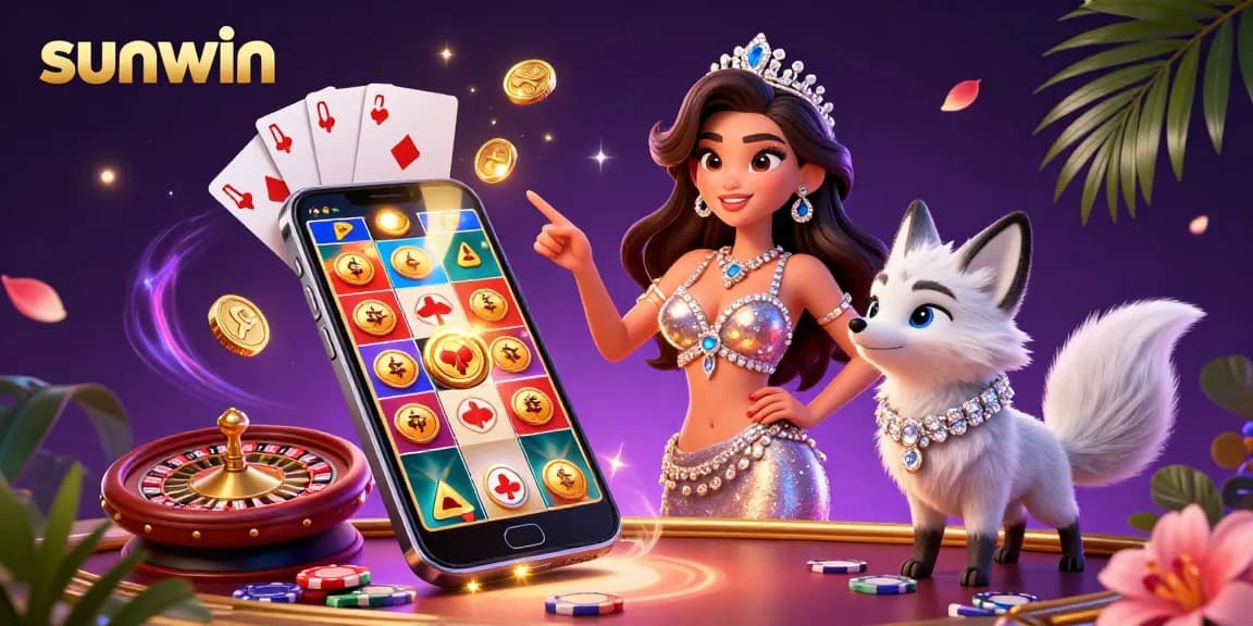 Play exciting casino games at Sunwin with a vibrant 3D scene featuring slot games and a charming arctic fox.