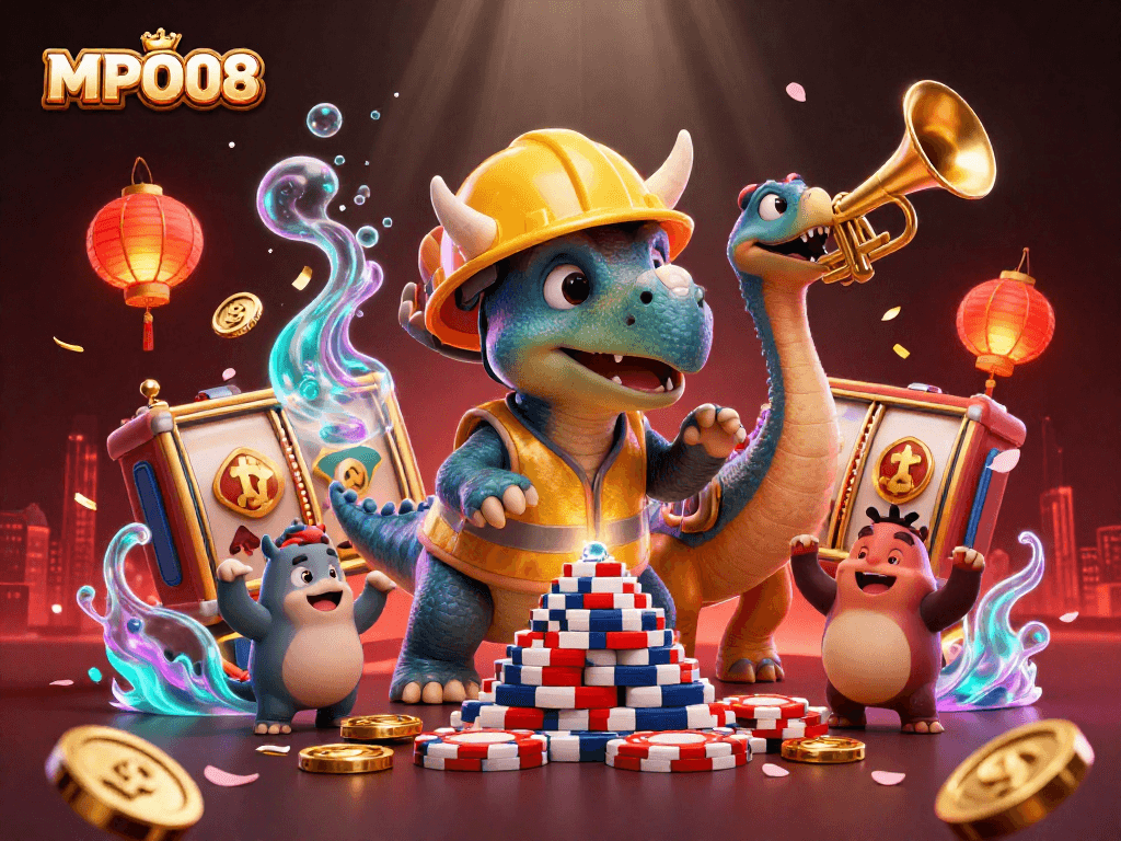 MPO08 presents an interactive 3D scene with casino themes, featuring lively characters building poker chip towers.