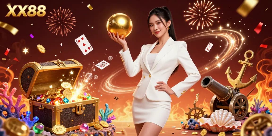Experience high stakes with the beautiful dealer at XX88, surrounded by gold and colorful gems.
