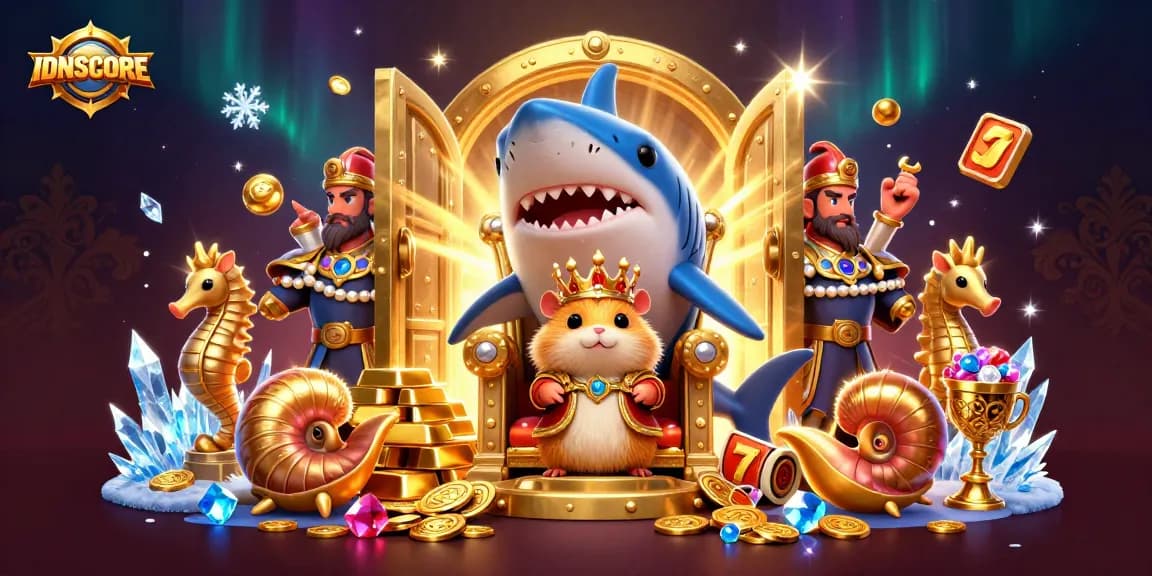 Experience IDNSCORE's thrilling gaming environment with a golden hamster king and treasure.