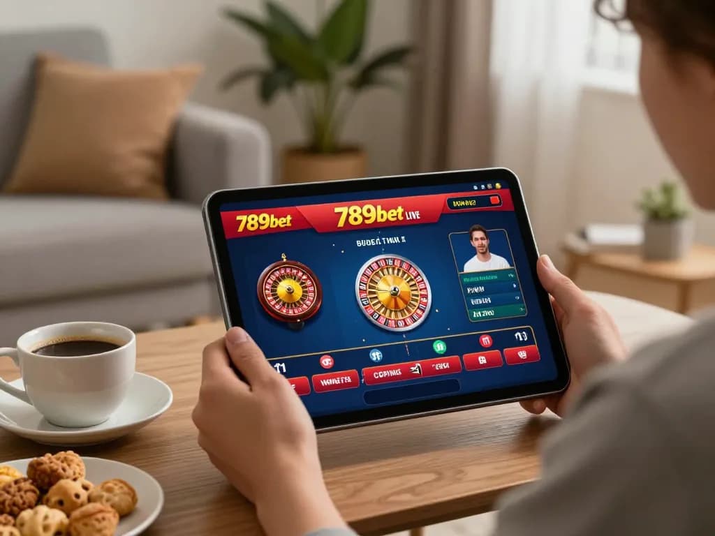 Player enjoying online casino games at 789bet on tablet with cozy home setup.