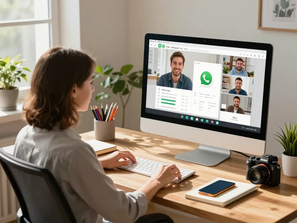 在现代家庭办公室环境中使用WhatsApp网页版进行视频通话和消息交流的桌面体验。