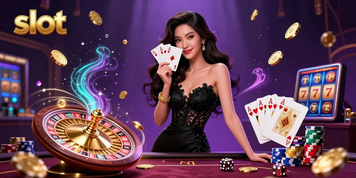 Rasakan aksi slot yang mendebarkan dengan seorang wanita Asia yang glamor memegang kartu permainan di tengah elemen kasino yang berkilau.