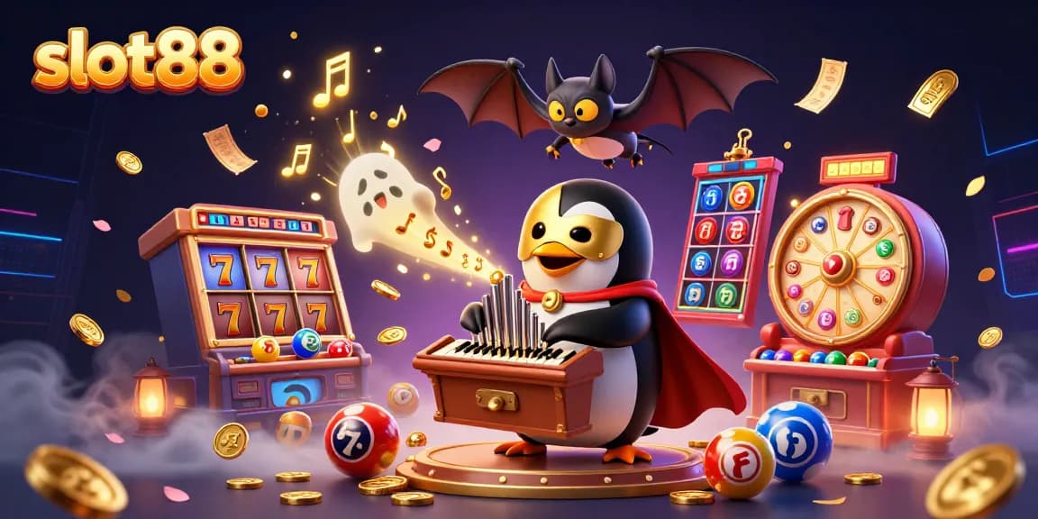 Experience thrilling moments at slot88 while watching a 3D cartoon penguin pour coins from a magical organ amidst vibrant casino elements.