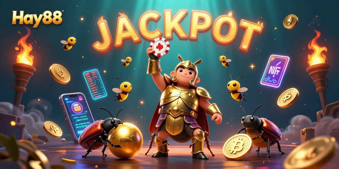 Experience the excitement of Hay88 with a vibrant 3D scene showcasing a golden-armored beetle and dazzling casino elements.
