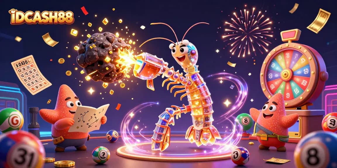 Experience thrilling jackpots and gaming action at IDCASH88 in a vibrant casino illustration dominated by colorful lottery elements.