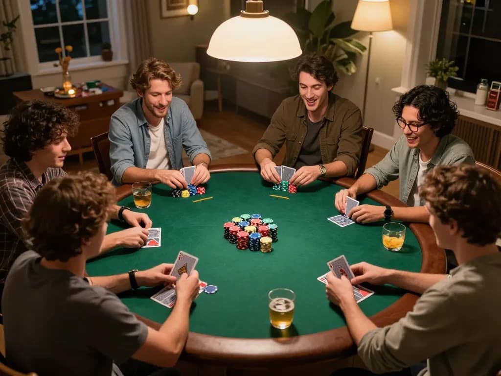 Engaging home poker night scene showcasing friends playing Pragmati Play poker with chips and cards.