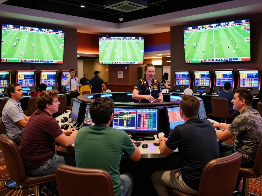 Bettors analyzing Keystone odds at keonhacaii88 sportsbook with vibrant screens and dynamic atmosphere.