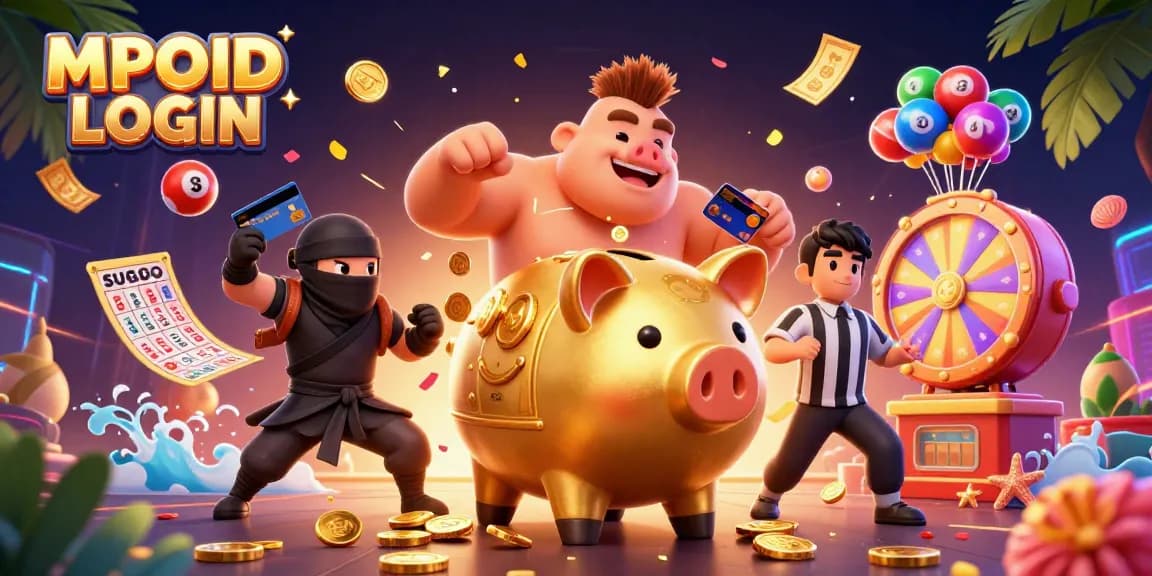 MPOID LOGIN showcases an action-packed 3D scene with a sumo piggy bank, wealth symbols, and colorful game elements.