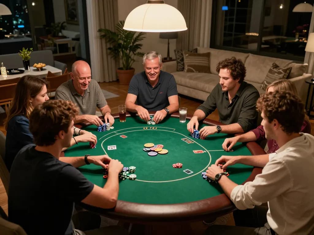 Friends enjoying a poker night at home, engaging in a strategic game showcasing nhacaiuytinn's insights on top betting strategies
