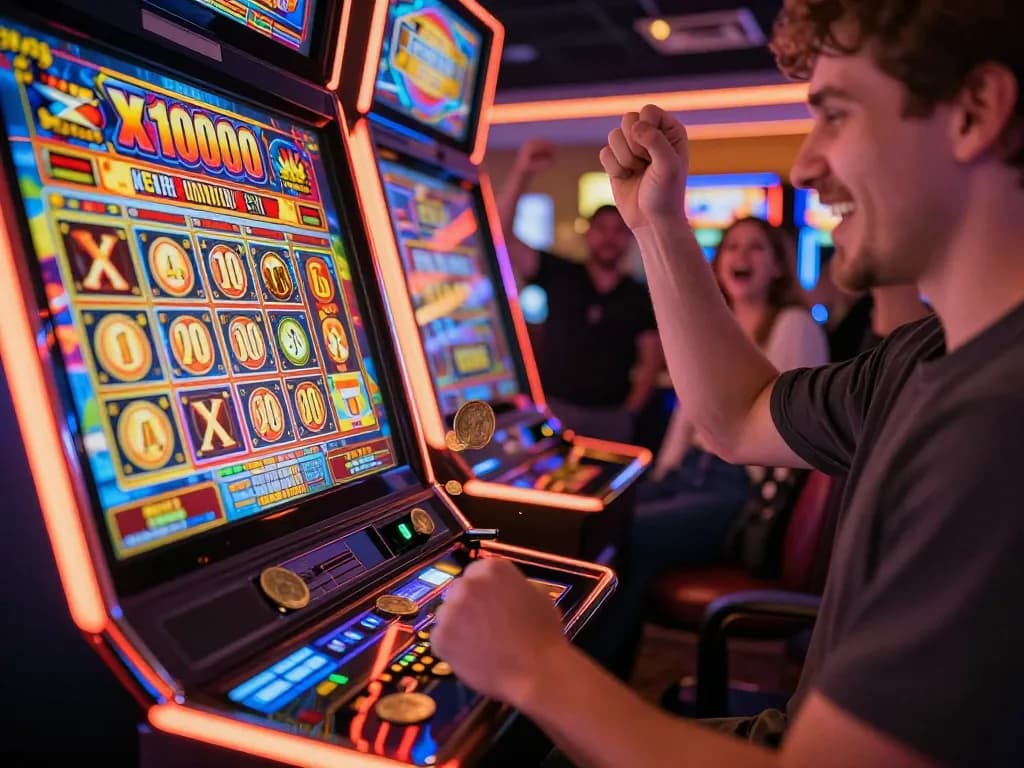 Player celebrates winning on a Slot x1000 machine with vibrant lights and cheerful atmosphere