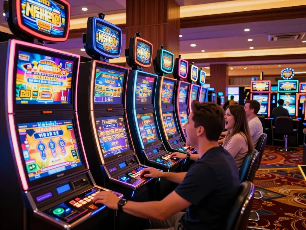 Players enjoying vibrant slot machines at UG DEWA casino, showcasing an exciting gambling atmosphere.
