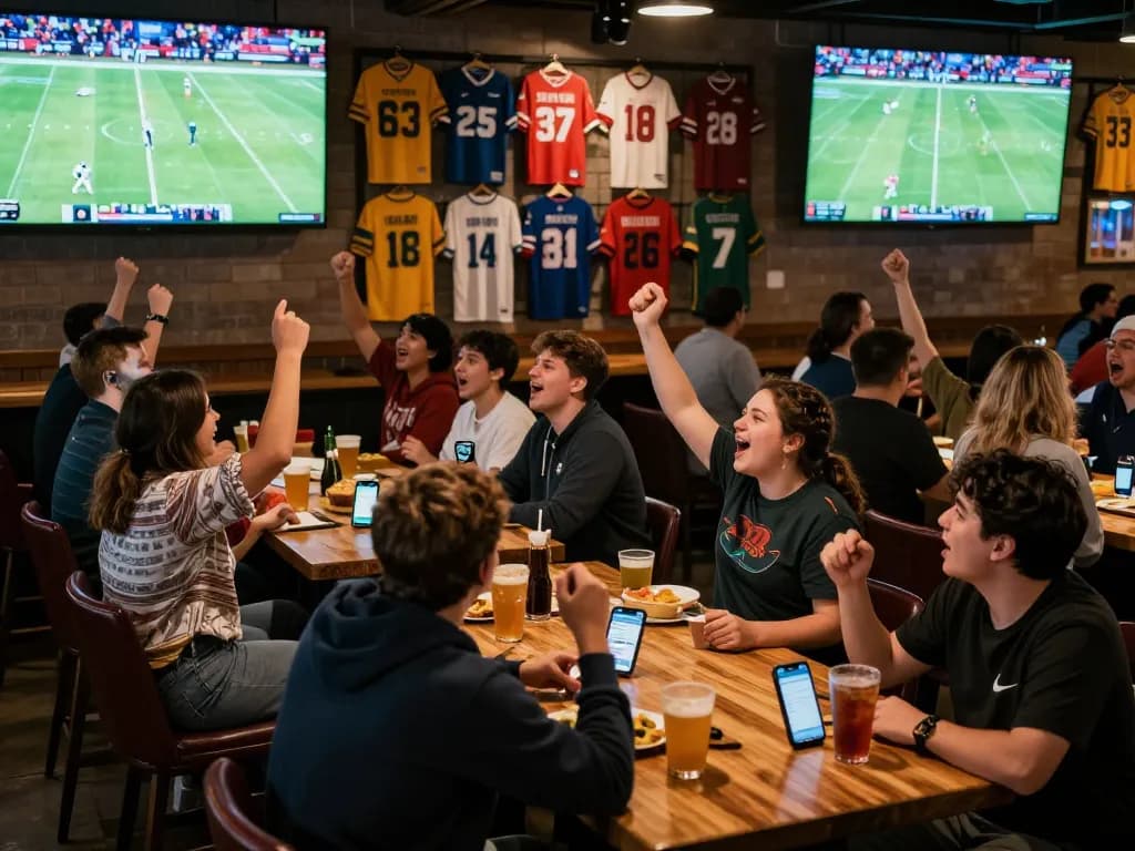 Fans engage in sports betting while watching kqbd results live at a busy sports bar.