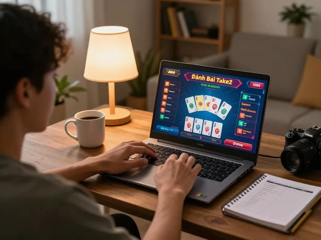 Engaging scene of online Đánh Bài Take2 gameplay on a laptop showcasing strategic betting options in a cozy home.