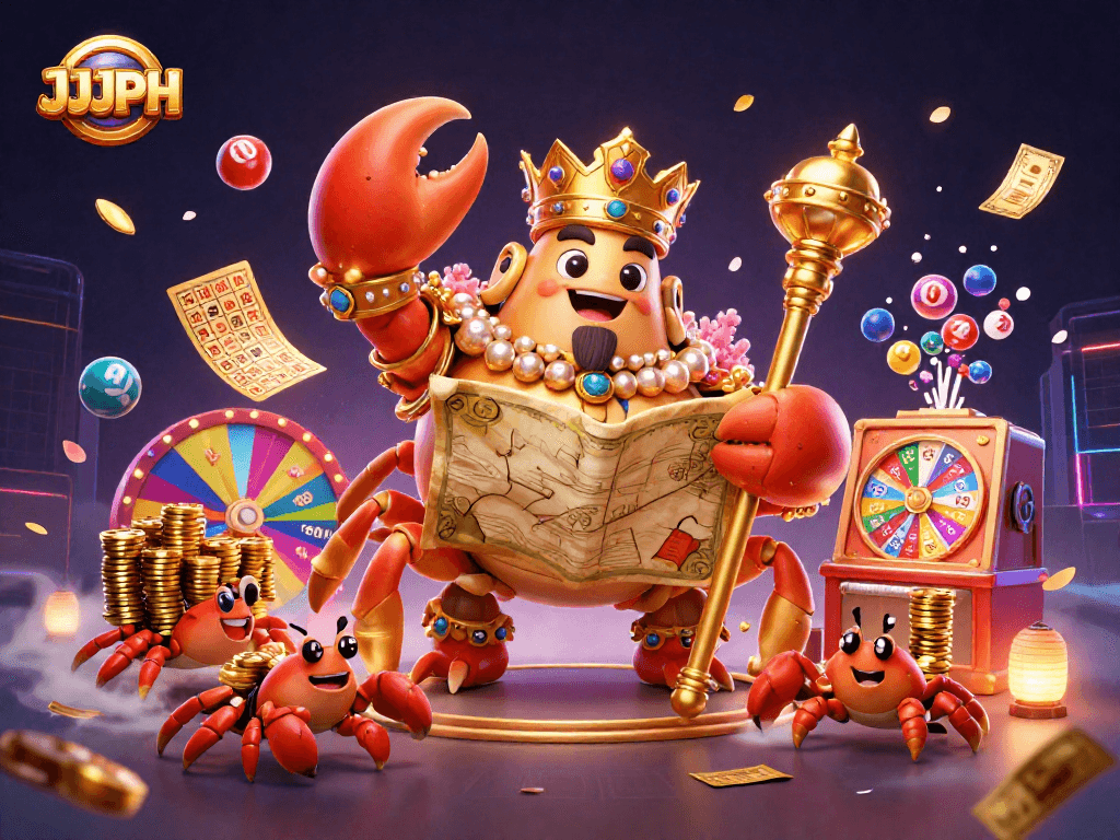 Engage with JJJPH's vibrant 3D illustration of a golden crab emperor amidst dynamic casino activities.