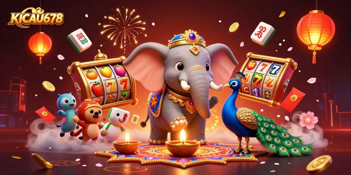 KICAU678 showcases 3D casino-themed art featuring vibrant slot reels and festive characters.