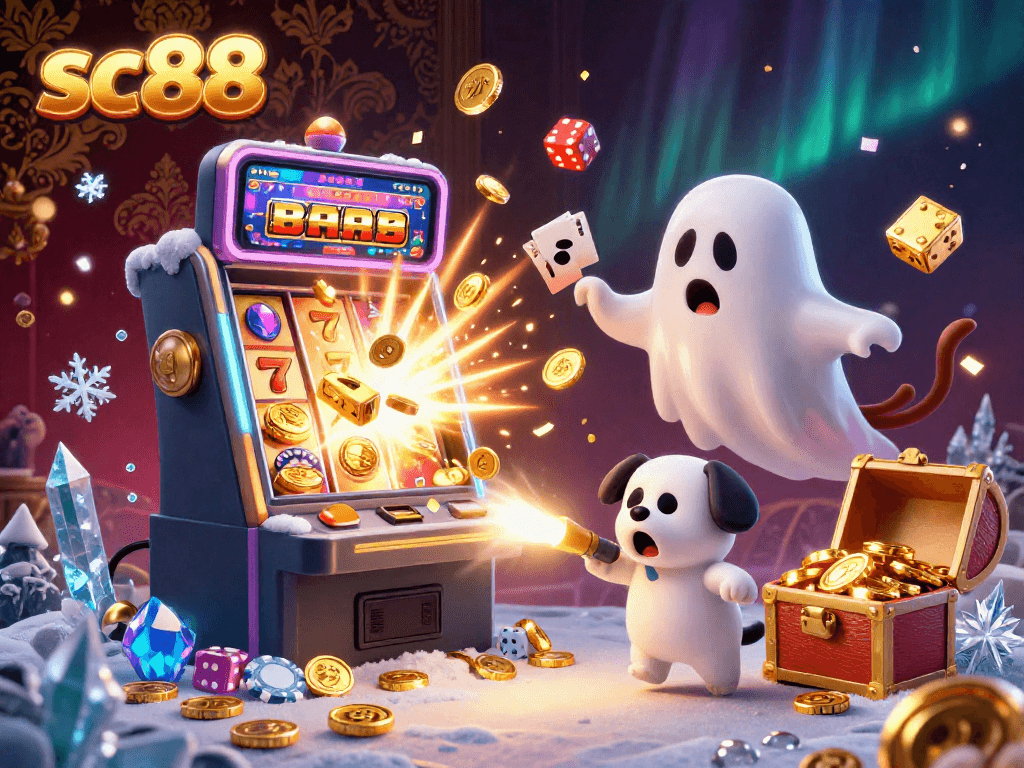 sc88 thrilling slot gaming scene with a mischievous poltergeist monkey and ghost-hunter puppy