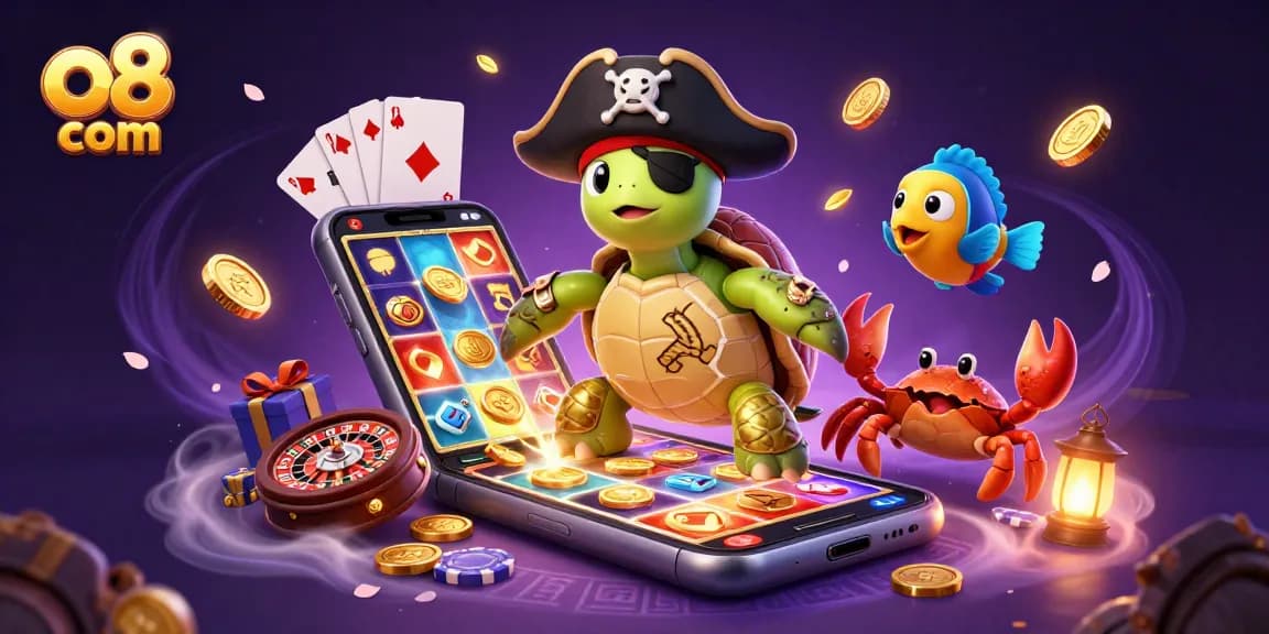 Explore the treasures of o8 com in this vibrant casino-themed underwater adventure illustration.