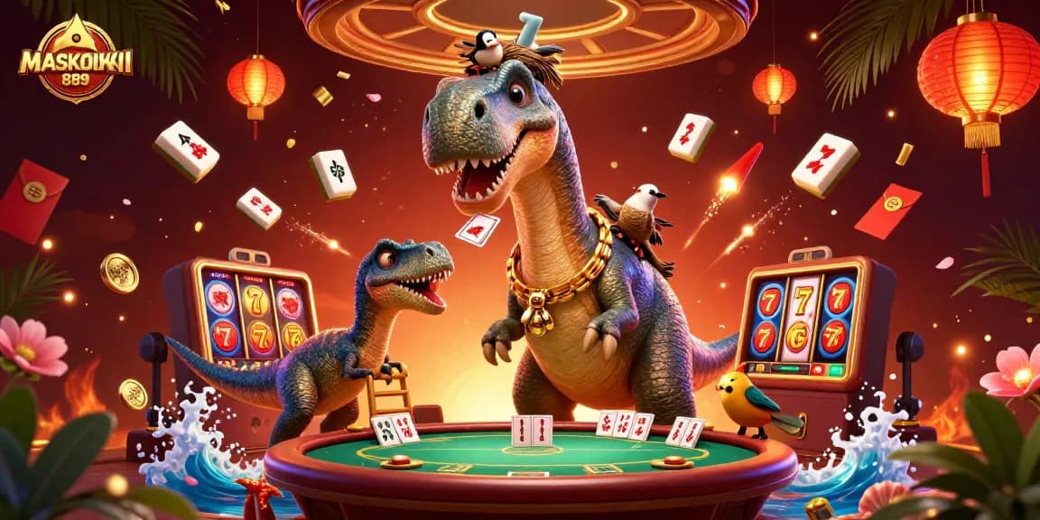 Engage with MASKOKI889’s jackpot excitement featuring a towering brontosaurus and vibrant slot elements.