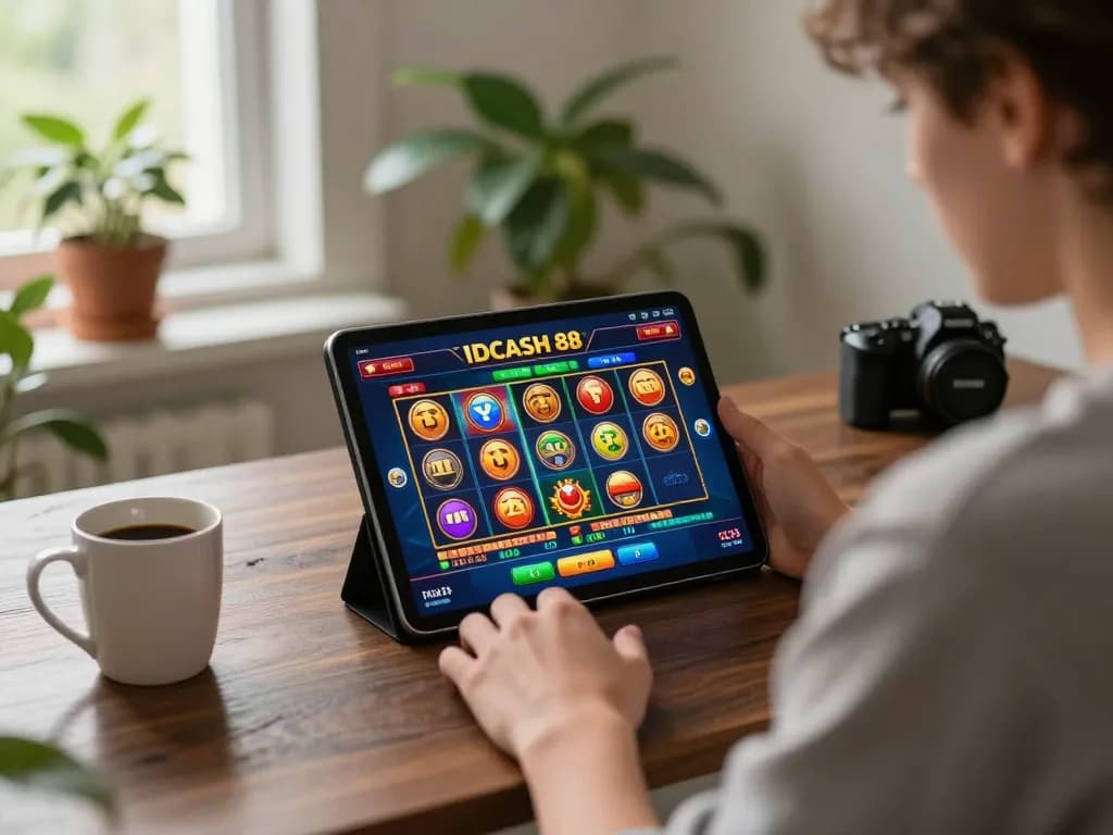 Engaging player on IDCASH 88 enjoying online slots in a cozy home setup.