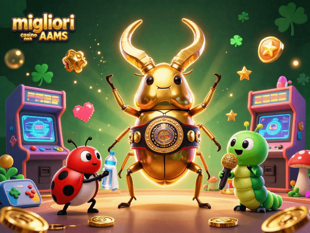 I migliori casino non AAMS presentano un vivace incontro tra un rinoceronte d'oro e un team di gioco unico sullo sfondo di un casinò virtuale