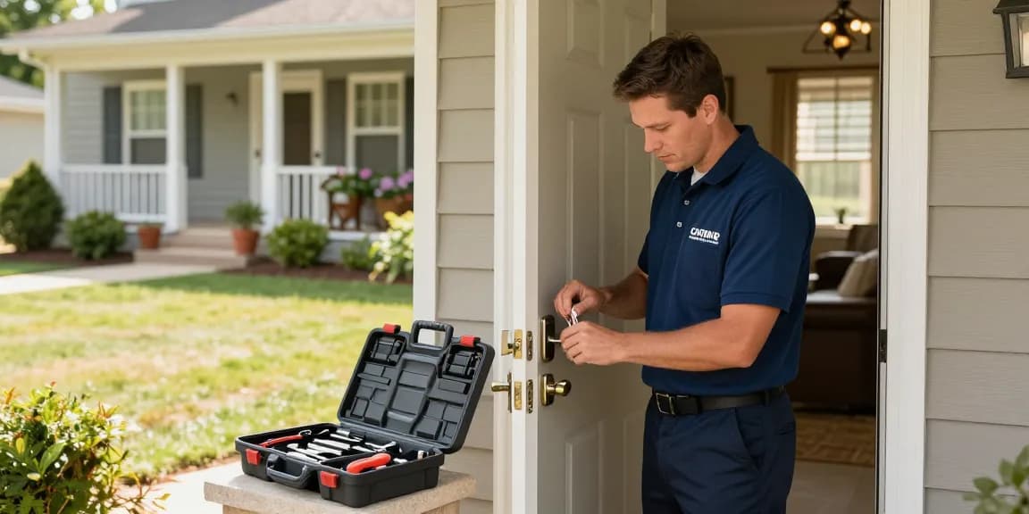 Locksmith Cary NC rekeying a front door lock at a suburban home, showcasing professionalism and trust.