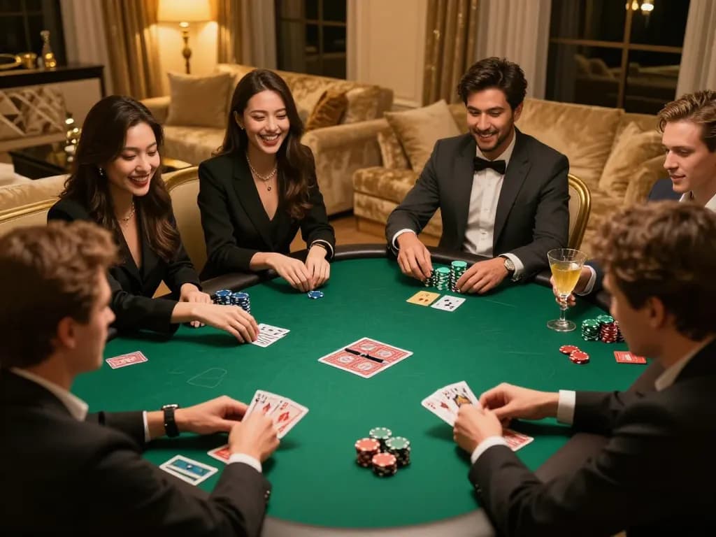 Players at a luxurious home poker night testing their strategies at the Fabet table