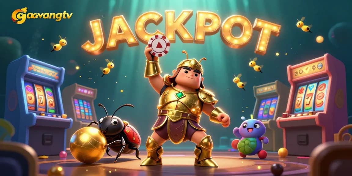 Experience the excitement with gavangtv in a dynamic 3D casino illustration featuring a winning beetle hero.
