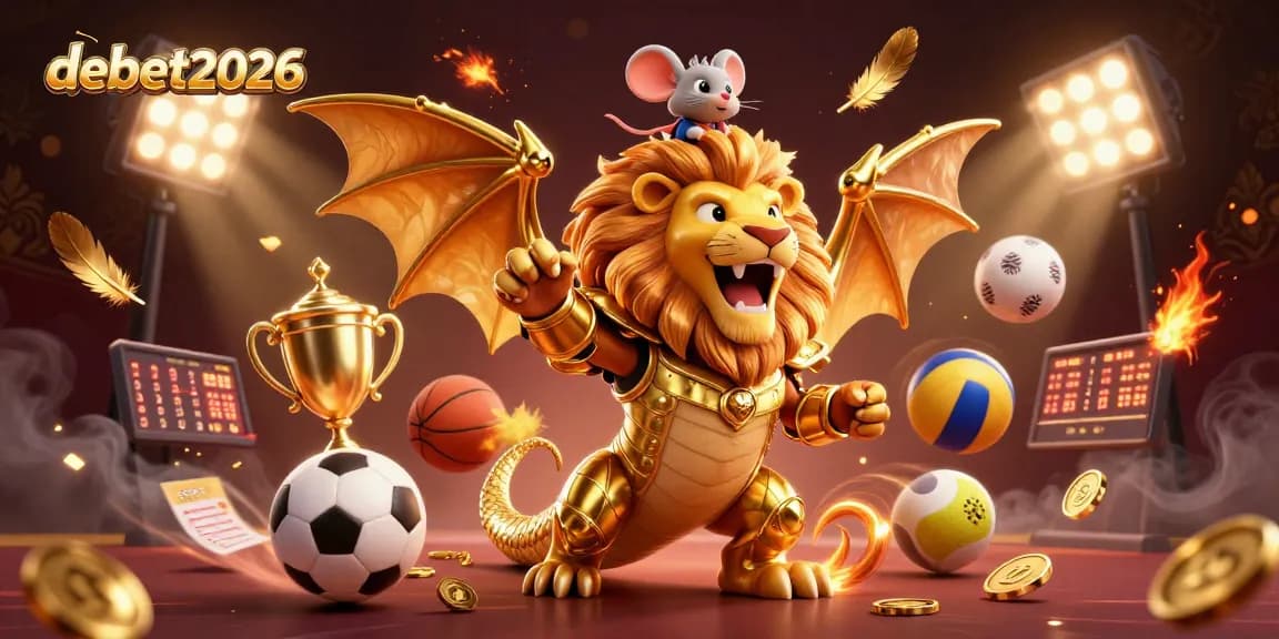 Join the excitement of debet2026 in this dynamic scene of a triumphant chimera, sports elements flying around.
