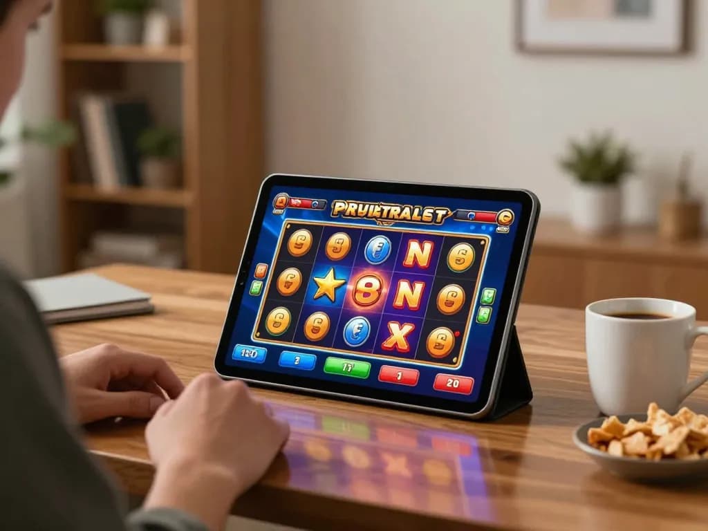 Engaging player enjoying a Demo Slot game on a tablet in a cozy home office atmosphere