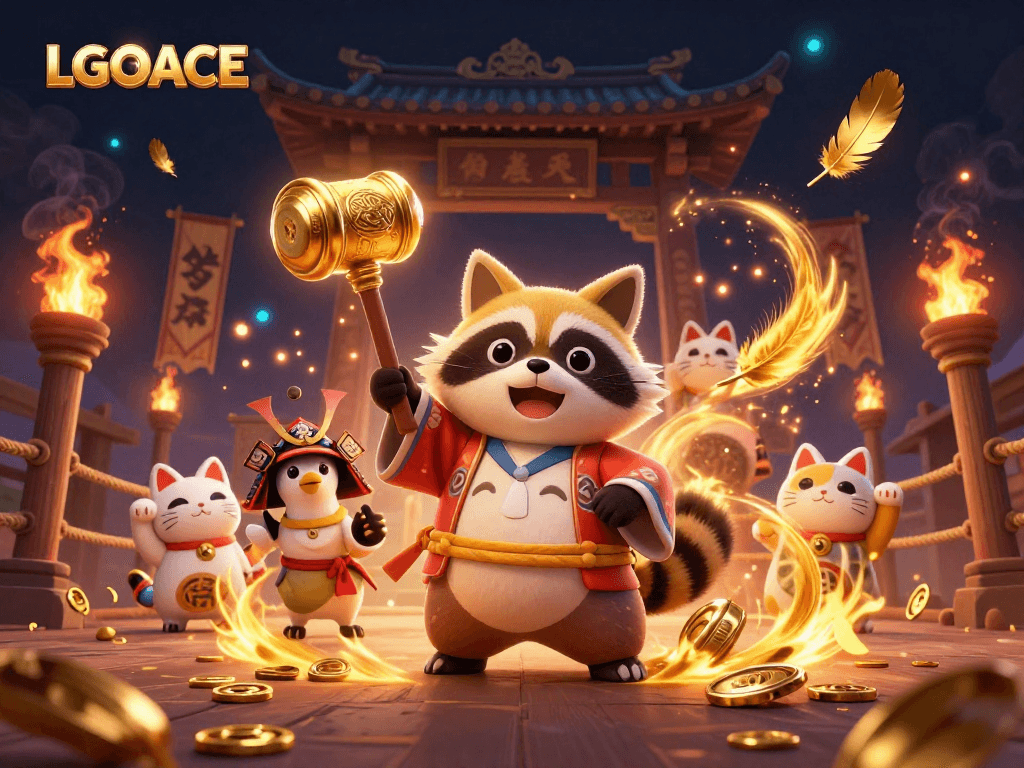 LGOACE presents a vibrant illustration of a cheerful tanuki and fortune cats in a dynamic casino scene.
