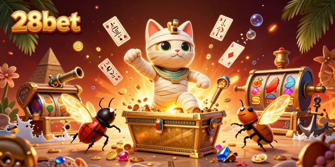 Experience the thrill of 28bet with a captivating 3D scene featuring a mummy cat and casino elements.