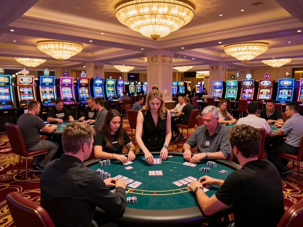 Engaging casino atmosphere showing players at poker tables while searching for link vào MM88 không bị chặn to enhance their gaming experience