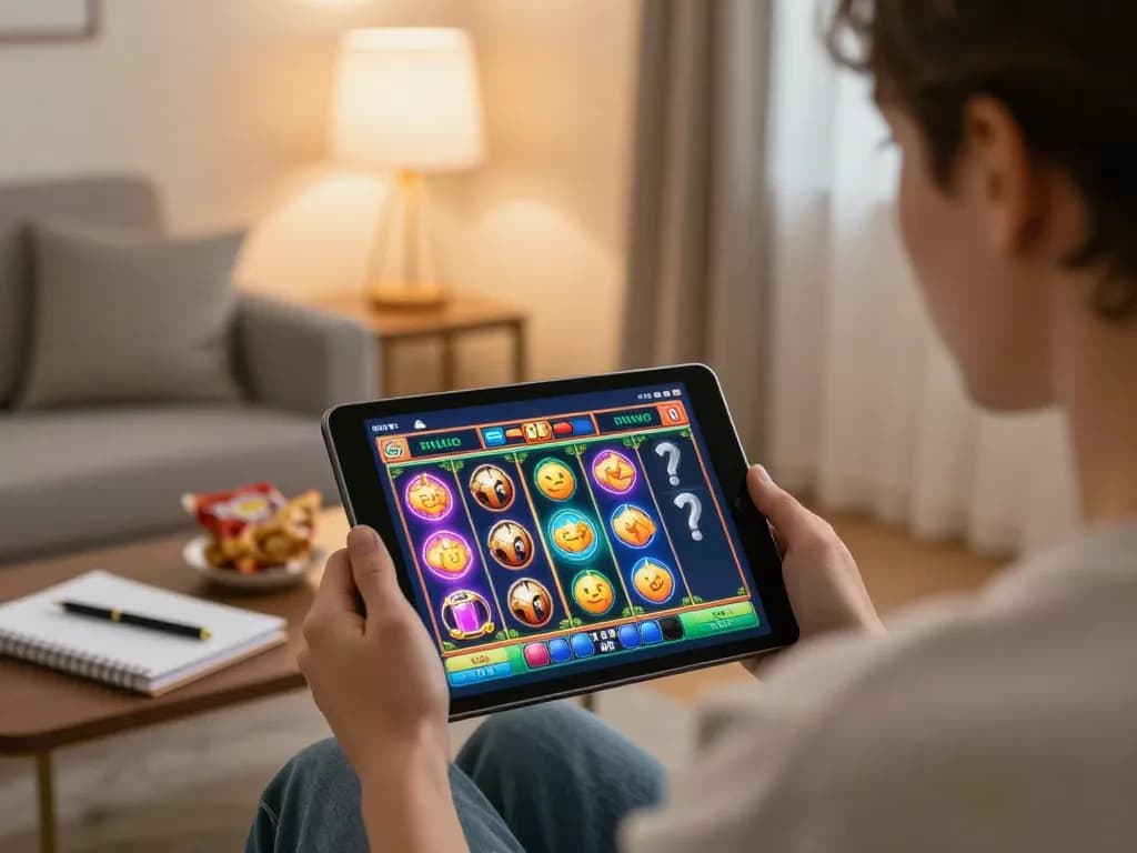 Engaging in Slot Demo gameplay on a tablet in a cozy home setting, emphasizing strategic play.