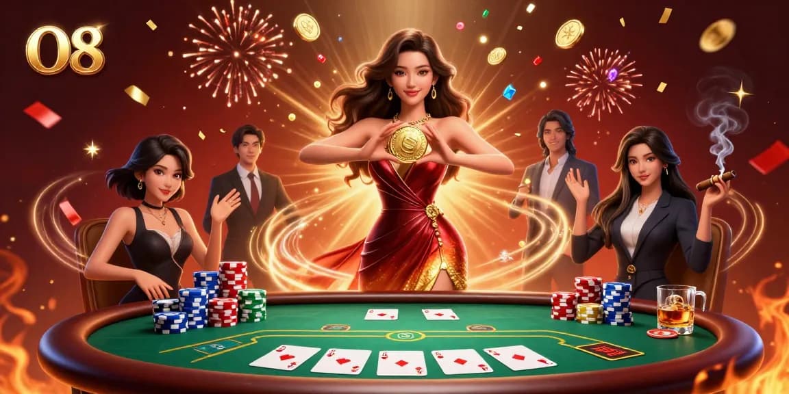 Experience the excitement of O8 with a stunning casino scene featuring vibrant characters and poker action.