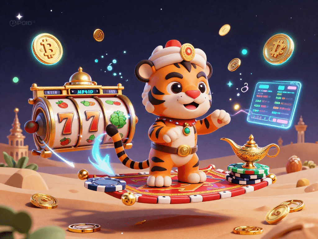 MPOID focuses on exciting slot jackpots with an Arabian Nights theme, showcasing vibrant casino elements.