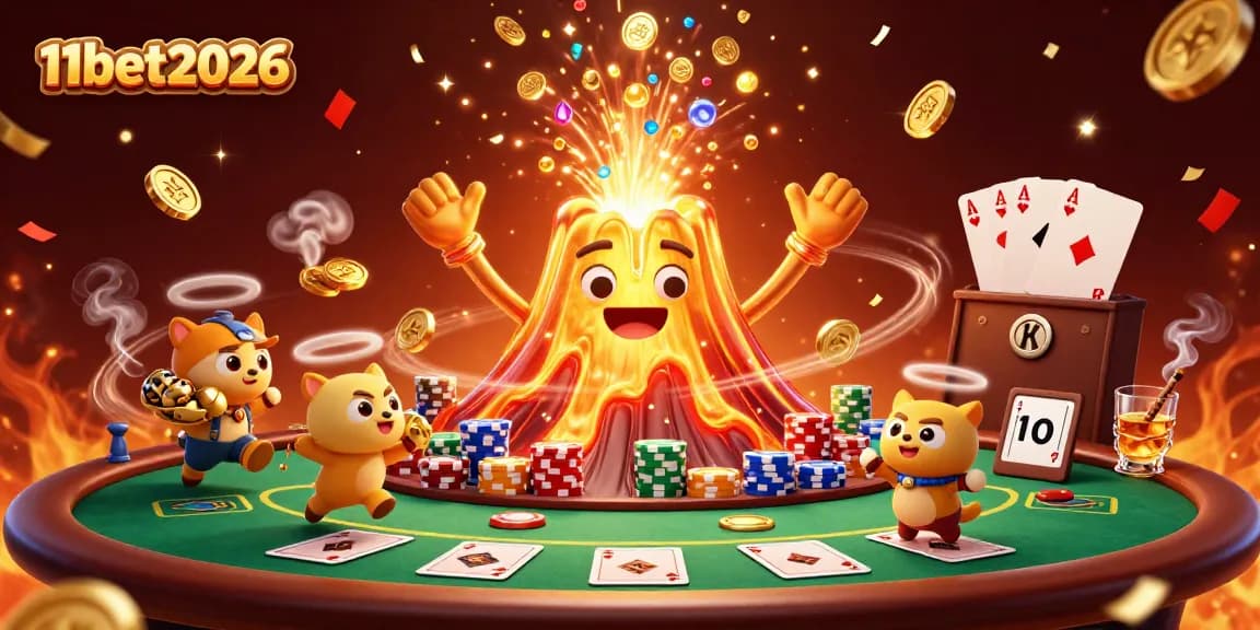 Engage with 11bet2026's thrilling casino scene featuring a volcanic eruption of treasures.